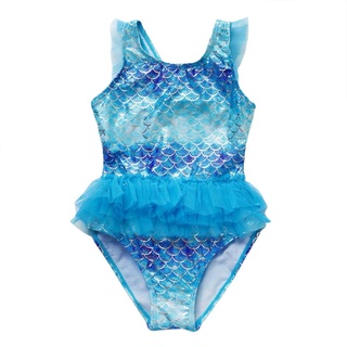 ♥Zw✫Trajes de baño para niños, impresión a escala de pescado U-cuello sin mangas de una sola pieza trajes de baño para niñas, azul/púrpura (1)