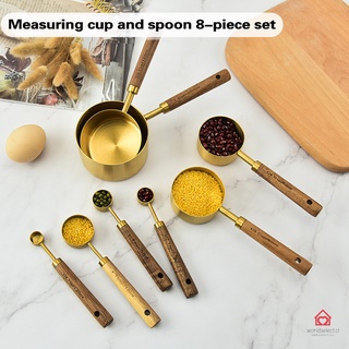 8 Piece Measuring Cups and Spoons Set Kitchen Supply Stainless Steel with Wood Handle for Dry and Liquid Ingredients