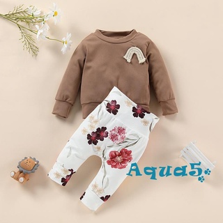 Aqq-baby niñas pantalones conjunto, manga larga cuello redondo arco iris Tops con impresión de flores pantalones largos