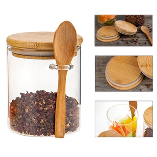 Ya disponible en maceta De bambú y cuchara De maceta pequeña De vidrio Transparente Para almacenamiento De cocina Para azúcar semillas De Sal Sal pimienta condimentos-(450Ml) (5)