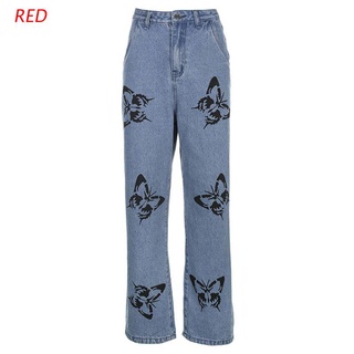 RED Women Summer High Waist Baggy Jeans Harajuku Butterfly Print Wide Leg Straight Pants Denim Blue Loose Vintage Streetwear