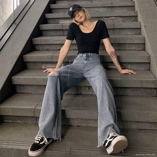 ✟✿❉Ripped jeans women s high waist drape loose straight-leg pants summer Korean retro mopping floor hyuna style wide-leg pants (3)