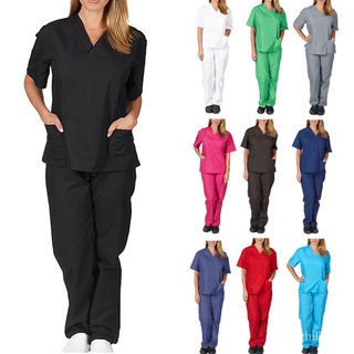 🙌 [En stock] 2 unids/Set nuevo mujer sólido bolsillo V-cuello camiseta + pantalones de enfermería ropa de trabajo enfermera uniforme traje VQTg