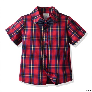 E6-respirable verano pequeño niños camisa, creativo rayas/placa manga corta solapa de un solo pecho pajarita Top ropa Casual