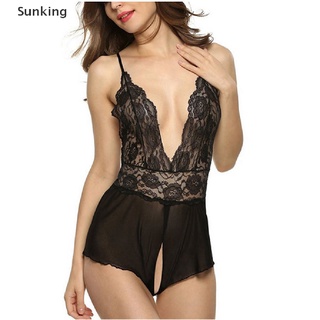 [Sunking] Lencería Sexy para mujer/vestido de encaje en V profundo/ropa interior con entrepierna abierta/Babydoll