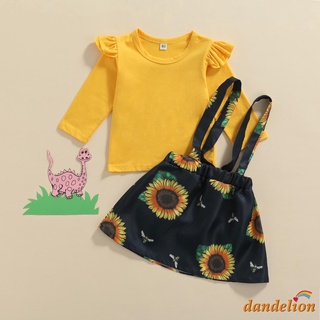 Conjunto De ropa para niños con estampado De dientes De león con Manga larga+falda con tirantes y estampado De girasol (2)