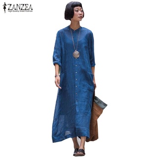 ZANZEA Women Casual Adjustable Long Sleeve Split Long Dress