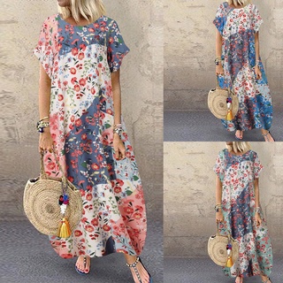huanan Maxi Dress Floral Print Loose Women Short Sleeve Round Neck Dress for Party