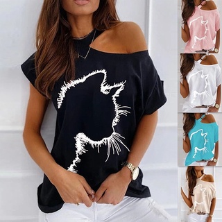 poetil casual mujer camiseta o cuello gatos impresión manga corta blusa suelta top para verano