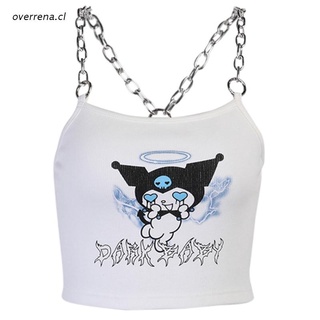 ove Women Gothic Punk Metal Chain Strap Crop Top Ribbed Knit Sleeveless Camisole Harajuku Anime Little Devil Print Slim Vest