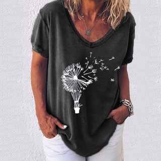 polanu mujer casual verano camiseta cuello v manga corta diente de león impresión blusa suelta top (7)