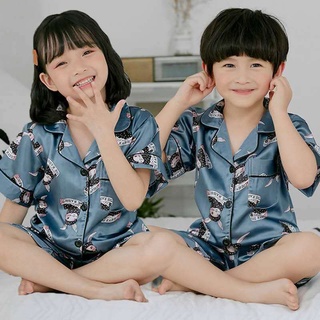 【Children Pajamas】Summer Thin Boys Ice Silk Short-sleeve Home Service Suits Baby Girls Air-conditioned Sleepwear Set