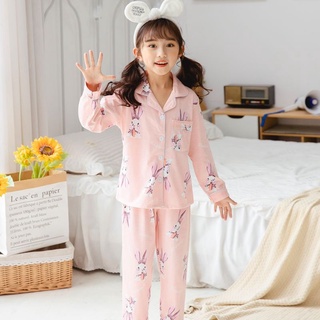 Girl 10 Years Clothing Japanese-style Long Sleeve Nighty Print Radish Rabbit Printing Lapel Sleeping Wear Moisture Wicking Unisex for Boys and Girls Cotton Sleep Wear