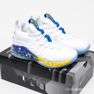 Originais Nike Lebron XV EP 15 Battleknit Men 's and women's running Sapatos Calçados Esportivos Tênis Tamanho Grande -- White blue yellow