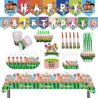 【Ready Stock】Cocomelon Party Supplies Disposable Tableware Plate Banner Napkin Cake Topper