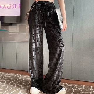 estilo coreano de las mujeres de la moda casual pantalones fendi elástico de cintura alta 3d oro terciopelo ancho pierna pantalones sueltos de longitud completa (2)
