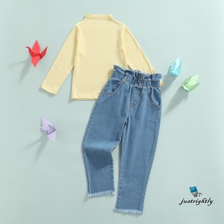 Jry 2 piezas de trajes de Color sólido para bebés, niñas de manga larga cuello redondo jersey + pantalones vaqueros de dobladillo crudos deshilachados con bolsillos (2)