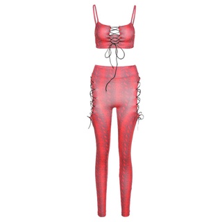 ✿Ip✲Juego de 2 piezas de traje, mujer serpentina impresión sin mangas correa de espagueti Crop Tops+ pantalones, rosa