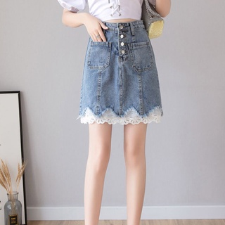 Women Jean Skirt Lace Hem High Waist Summer Clothing A-line Slim Cotton Skirt (8)