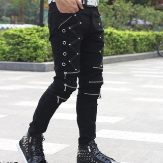 nueva llegada primavera moda hombre punk skinny pantalones para hombre fresco algodón casual pantalones cremallera slim fit negro goth pantalones (4)
