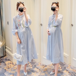 M-2xl moda rayas bordado más el tamaño suelto largo embarazada vestido de maternidad media manga cuello redondo elegante desgaste