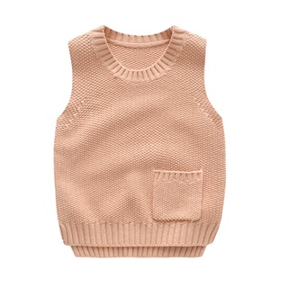 ✿-Lzz-✿-Chaleco de punto coreano para niños con bolsillo otoño e invierno Color sólido cuello redondo jersey suéter (1)