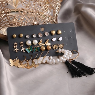 17 pares/juego de aretes de borla vintage con perlas de mariposa para mujer