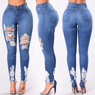 Sensual Moda para mujer Jeans agujeros de mezclilla para mujer Cintura Alta estirable pantalones delgados lápiz Sexy