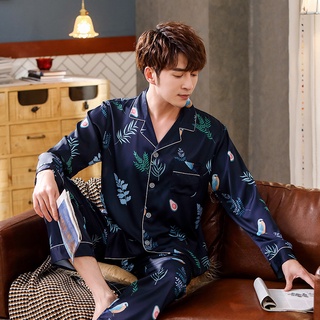 Pijamas de los hombres de la primavera y el otoño de manga larga de dos piezas traje nuevo estilo de hielo de seda delgada ropa de casa de verano ropa de dormir