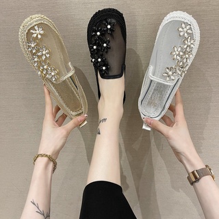 2021 verano de las nuevas mujeres de malla superficie de diamantes de imitación zapatos planos casual estilo cómodo guisantes zapatos de las mujeres mocasines