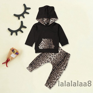 Laa8-dz Baby Girl 2 piezas conjunto de ropa, manga larga sudadera con capucha Top + pantalones leopardo otoño trajes