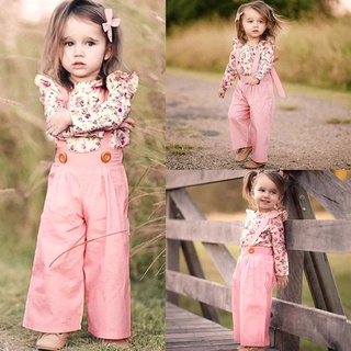 ✾BABYYA✨ Toddler Baby Girls Long Sleeve Floral Tops+Solid Overalls Pants Clothes Outfits
