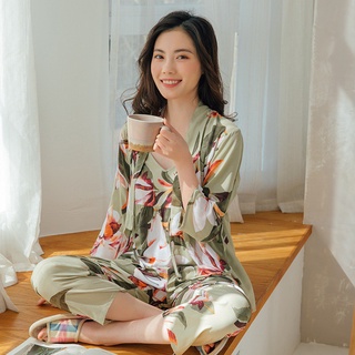 Las mujeres pijamas de algodón de seda primavera Sexy liguero de tres piezas Baju Tidur Kimono Cardigan ropa de dormir traje de pijama conjunto de manga larga