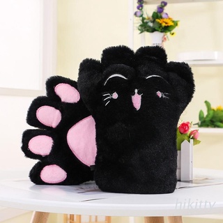 Hik mujeres Lolita Anime de dibujos animados gato pata bordado medio dedo guantes de invierno cálido peluche Cosplay manoplas sin dedos