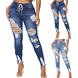 (wopyt.br) Moda mujer Sexy cintura alta cordón bolsillo agujero Casual fiesta Jeans