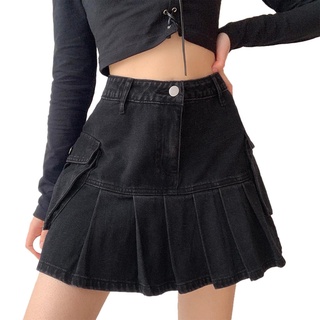 Hind-mujer Mini falda de mezclilla plisada, estilo Punk cintura alta Color sólido una línea falda corta (1)