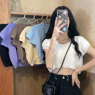 Las mujeres coreanas O-cuello de Color sólido Crop Top Casual de punto de manga corta T-shirt
