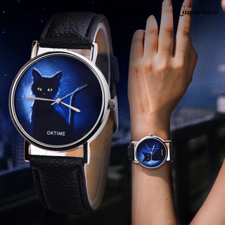 ln reloj de cuarzo con banda de cuero sintético con esfera redonda de gato negro de dibujos animados para mujer (1)