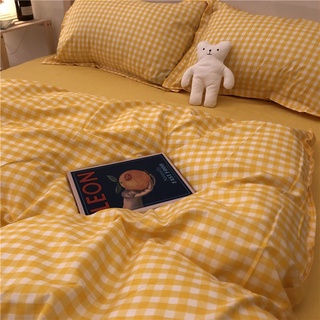 Sábana premiumSimple japonés crema amarillo a cuadros cama de cuatro piezas conjunto temperamento rayas edredón cubierta de tres piezas dormitorio cama