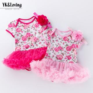 2 unids por conjunto de ropa de niña recién nacido cumpleaños rosa flor bebé niñas cumpleaños tutú vestido de cuentas diadema para 0-24 meses