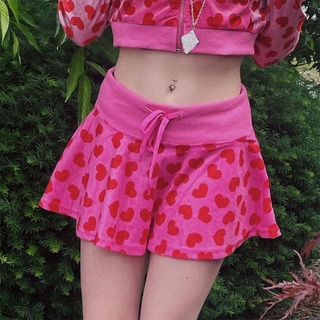 Tiempo mujeres gótico Punk cintura alta cordón una línea Mini falda Harajuku dulce rosa corazón impresión Kawaii terciopelo plisado Streetwear (6)