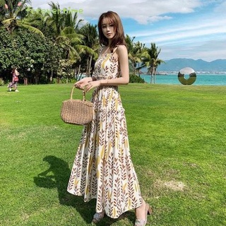 Mujer Sling vestido Floral impreso sin espalda sin mangas de hombro correa de cintura alta Slim estilo vestido largo para el verano