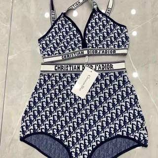 [Versión Alta Con Etiqueta] Dior Azul Marino Oblicua Playa Bikini Conjuntos De Tejer Algodón Hielo Seda Traje De Baño (1)