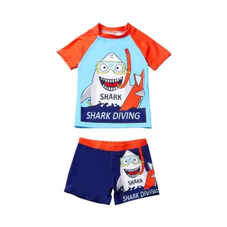 ♟Conjunto de ropa de natación de dos piezas para niños, cuello redondo azul, manga corta, pantalones cortos (1)