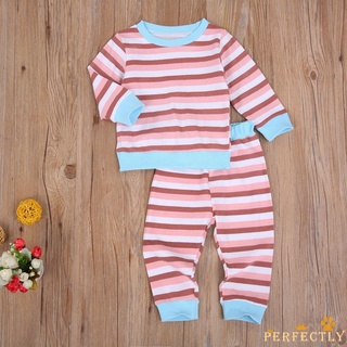 Pft7-Zz recién nacido niñas niños conjunto, estampado de rayas bebé manga larga cuello redondo Top, cintura elástica pantalones largos (9)