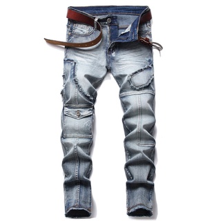 【Superbuy】Nuevos Jeans nostálgicos Ripped rectos estilo europeo y americano Jeans hombres parche mendigo personalidad pantalones