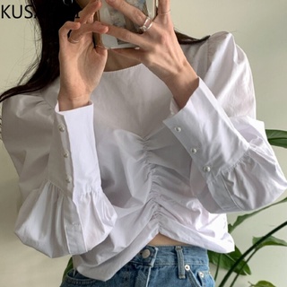 Kusahiki O-cuello pliegues Puff manga blusa camisa Moda cuentas Chic corto mujeres Tops otoño Blusas Mujer De Moda 2021 6Z662
