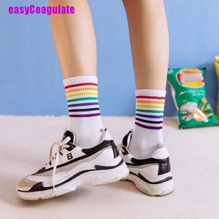 [D] 1 par de calcetines de mujer con rayas arco iris/calcetines cálidos de navidad Harajuku (3)