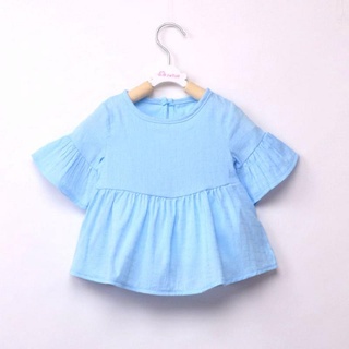 ❀Xi✣Tops de Color sólido para bebé, camisa de manga volantes de bebé niña Casual cuello redondo blusa (6)