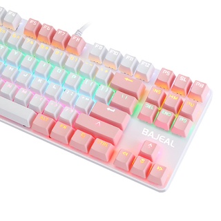 bajeal k100 teclado de dos colores 87 teclas verde axis keycap usb cableado teclado mecánico gaming (blanco+rosa) (6)